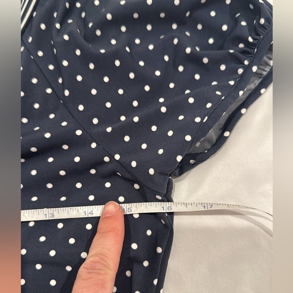 Polkadot Navy Blue and White Wrap Top with Striped Ribbon Waist Tie - Picture 5 of 7